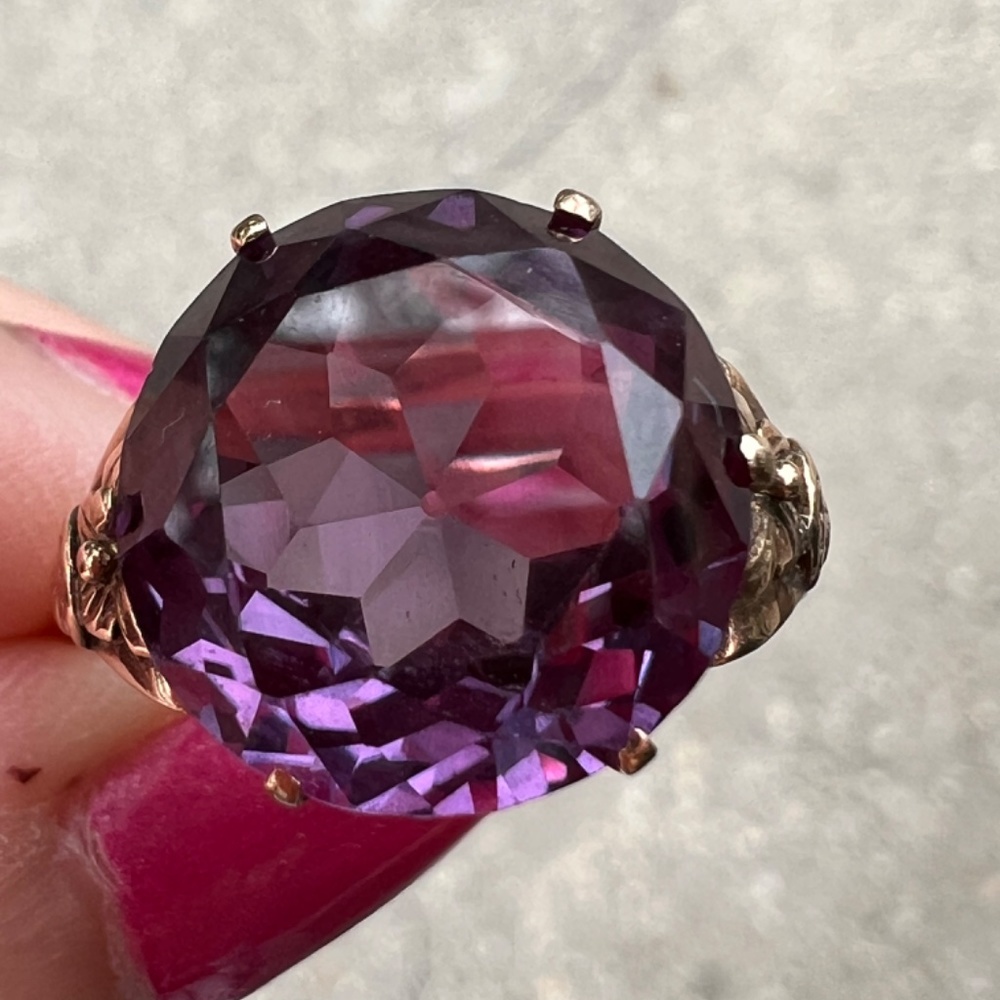 VINTAGE 14K YELLOW GOLD PURPLE COLOR CHANGE SAPPHIRE ALEXANDRITE FLOWER RING - Picture 11 of 16